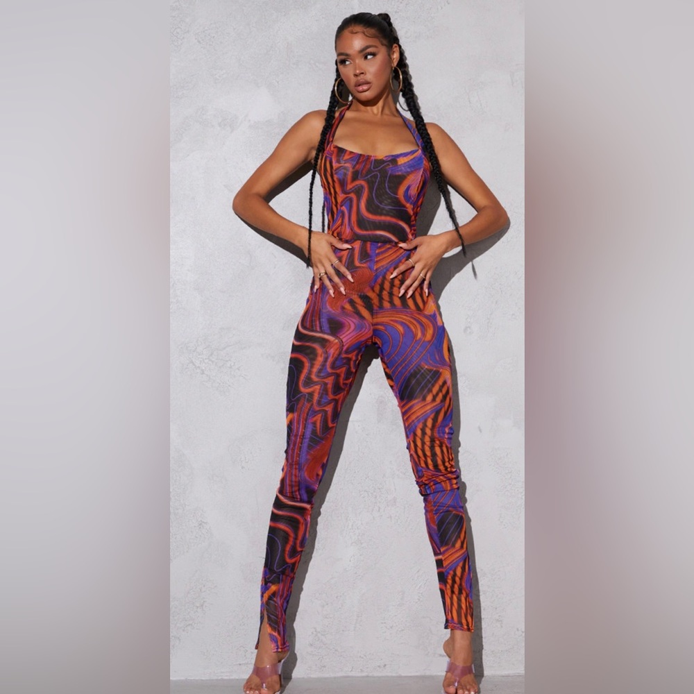 Orange Zebra Print Halterneck Double Layer Mesh Jumpsuit